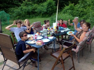 Me, Ben, Macie, Ciara, Uncle Jim, Aunt Rhonda, Dad, Susanna, and Grama Mary eating dinner.